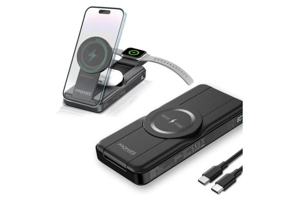 Promate Powerpack-Fold 5 in 1 Magsafe Power Bank, 10000mah 15W Foldable Wireless Powerbank - iPhone 15/15+/15 Pro/15 Pro Max, 14/14+/14 Pro/Max, Apple Watch, Air Pods, 18W USB QC 3.0 Port, 20W USB-C - Black